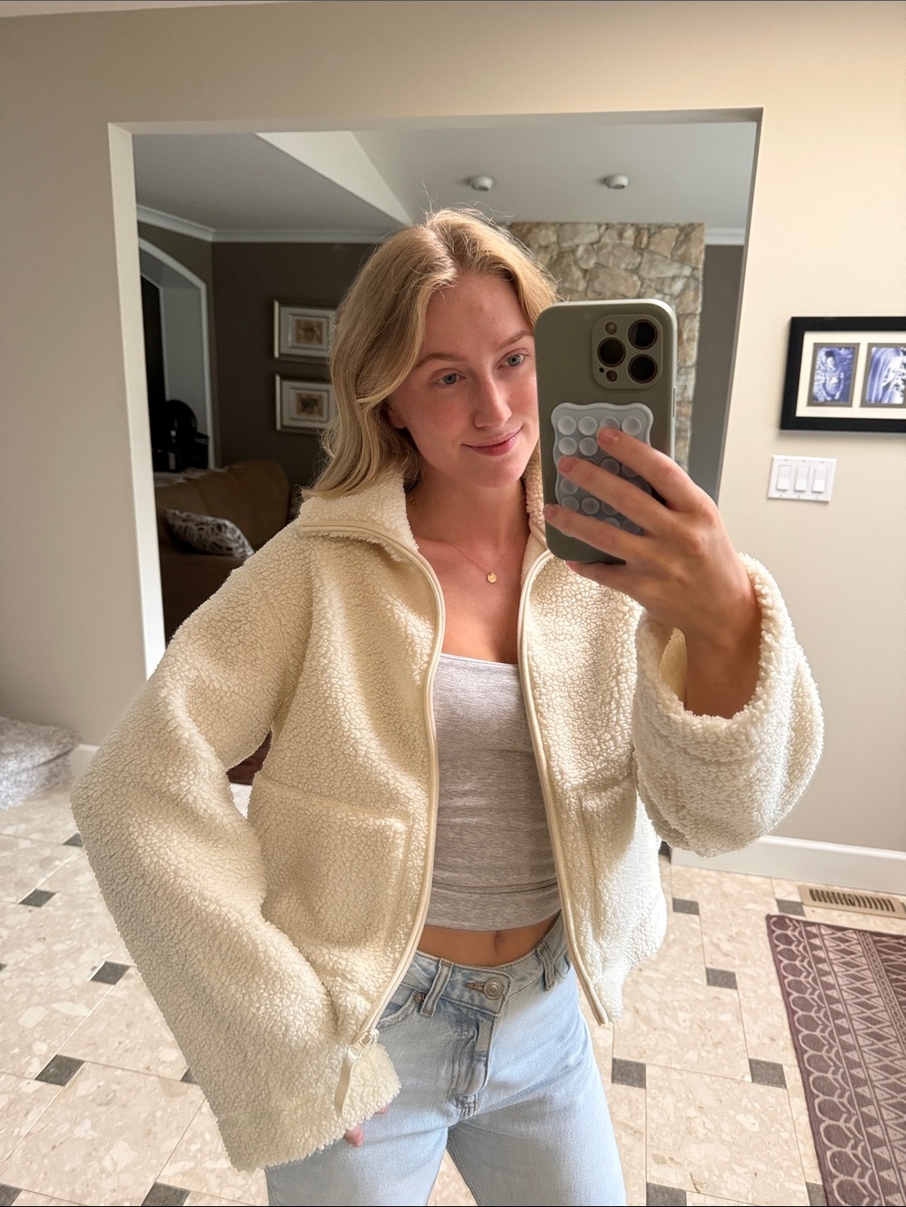 H&M Cream Teddy Sherpa Zip Jacket for Women